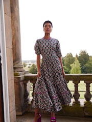 Another Sunday 100% Cotton Floral Print Poplin Short Puff Sleeve Tiered Smock Midi Dress - Image 1 of 7