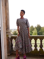 Another Sunday 100% Cotton Floral Print Poplin Short Puff Sleeve Tiered Smock Midi Dress - Image 2 of 7