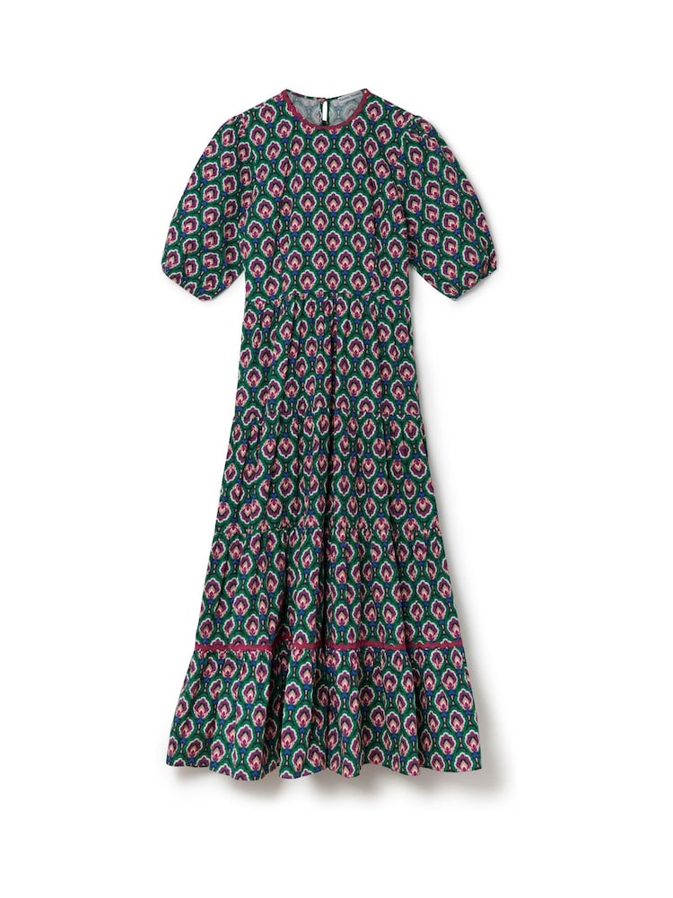 Another Sunday 100% Cotton Floral Print Poplin Short Puff Sleeve Tiered Smock Midi Dress - Image 5 of 7