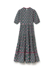Another Sunday 100% Cotton Floral Print Poplin Short Puff Sleeve Tiered Smock Midi Dress - Image 6 of 7