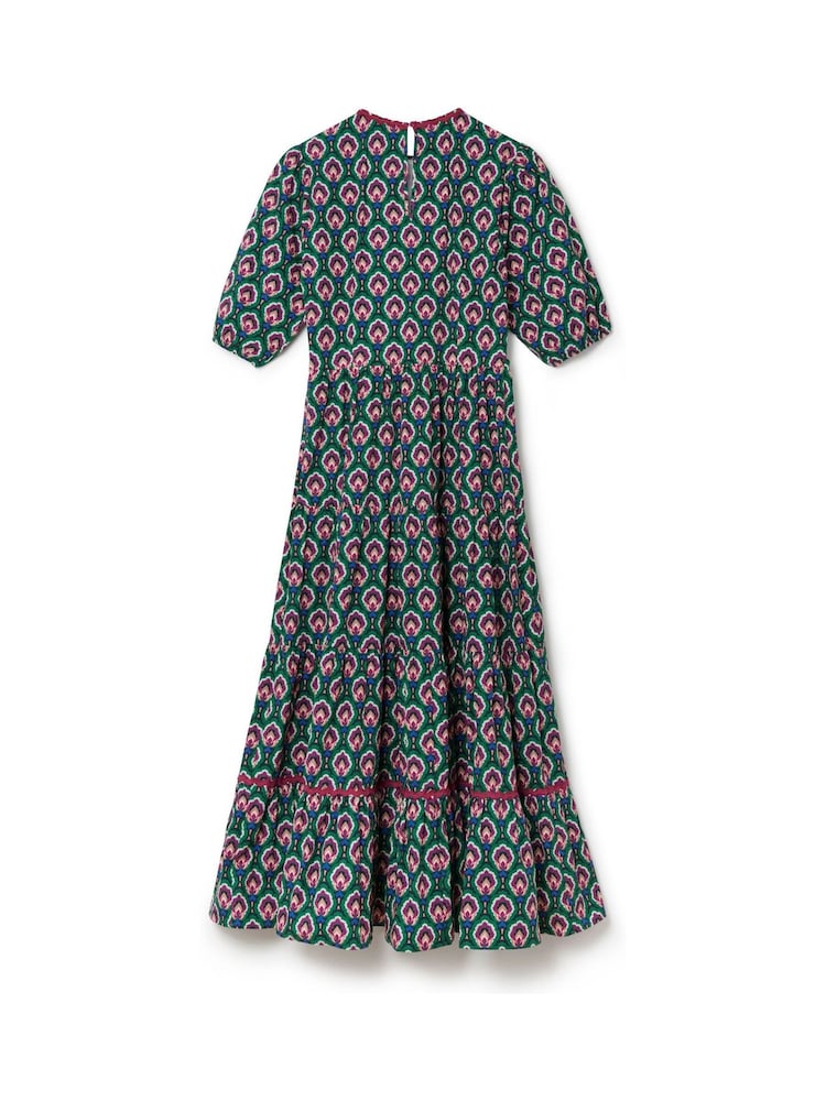 Another Sunday 100% Cotton Floral Print Poplin Short Puff Sleeve Tiered Smock Midi Dress - Image 6 of 7