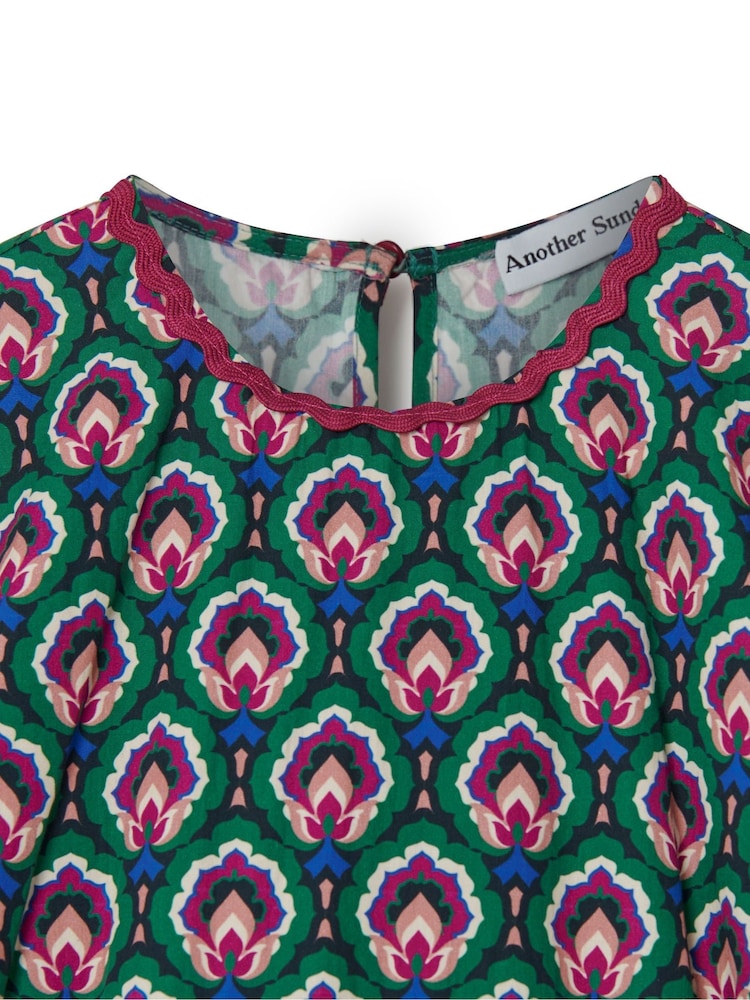 Another Sunday 100% Cotton Floral Print Poplin Short Puff Sleeve Tiered Smock Midi Dress - Image 7 of 7