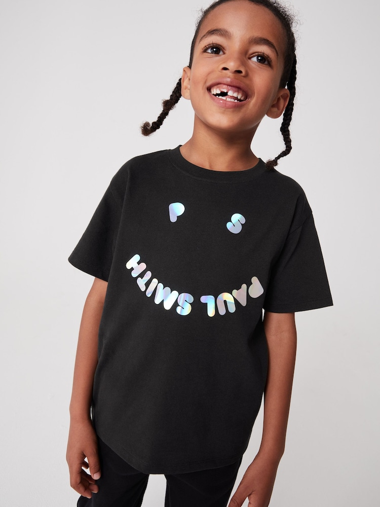 Paul Smith Junior Short Sleeve Holographic Happy Design Black T-Shirt - Image 1 of 1 Paul Smith Junior Short Sleeve Holographic Happy Design Black T-Shirt - Image 1 of 1