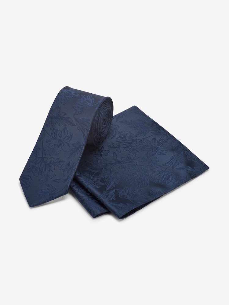 Navy Blue Floral Slim Tie And Pocket Square Set - Image 1 of 4 Navy Blue Floral Slim Tie And Pocket Square Set - Image 1 of 4