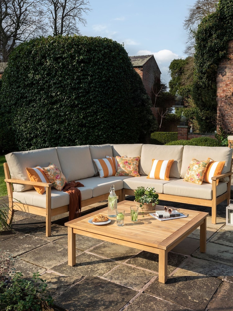 Laura Ashley Natural Garden Salcey Teak Corner Sofa Lounging Set with Seat Cushions - Image 1 of 4