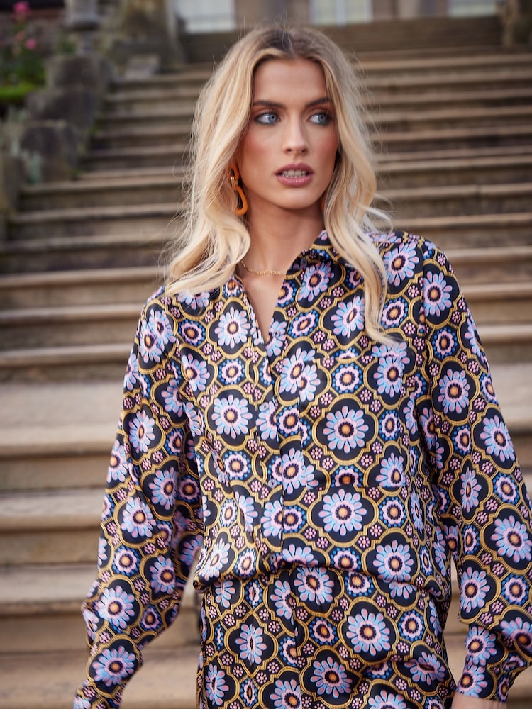 Another Sunday Long Sleeved Satin Oversized Shirt In Multi Print - Image 1 of 9