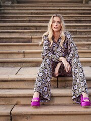 Another Sunday Long Sleeved Satin Oversized Shirt In Multi Print - Image 2 of 9