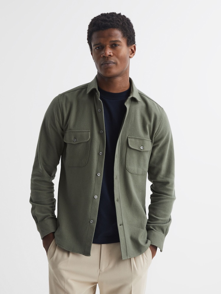 Reiss Khaki Burley Textured Twin Pocket Overshirt - Image 1 of 6