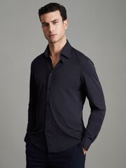 Reiss Navy Voyager Regular Fit Button-Through Travel Shirt - Image 1 of 6