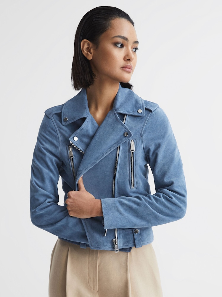 Reiss Blue Santiago Suede Biker Jacket - Image 1 of 6