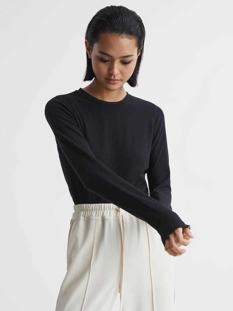Reiss Black Bebe Long Sleeve Crew Neck Top - Image 1 of 6