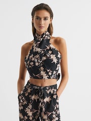 Reiss Black/Blush Ally Printed 100% Linen Halter Neck Cropped Top - Image 1 of 6