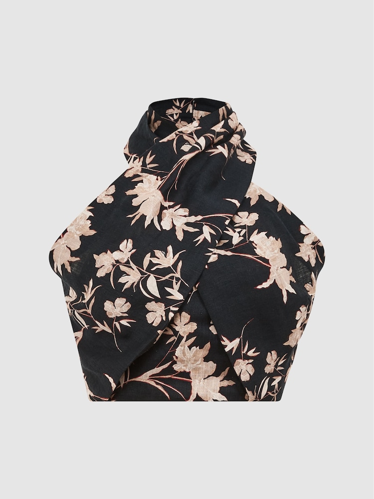 Reiss Black/Blush Ally Printed 100% Linen Halter Neck Cropped Top - Image 2 of 6 Reiss Black/Blush Ally Printed 100% Linen Halter Neck Cropped Top - Image 2 of 6
