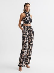 Reiss Black/Blush Ally Printed 100% Linen Halter Neck Cropped Top - Image 3 of 6