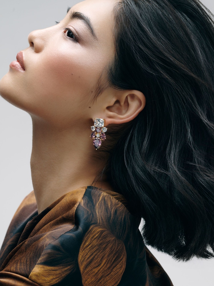 Pink Multi Gold Tone - CERENE Statement Crystal Drop Earrings - תמונה 1 מתוך 6