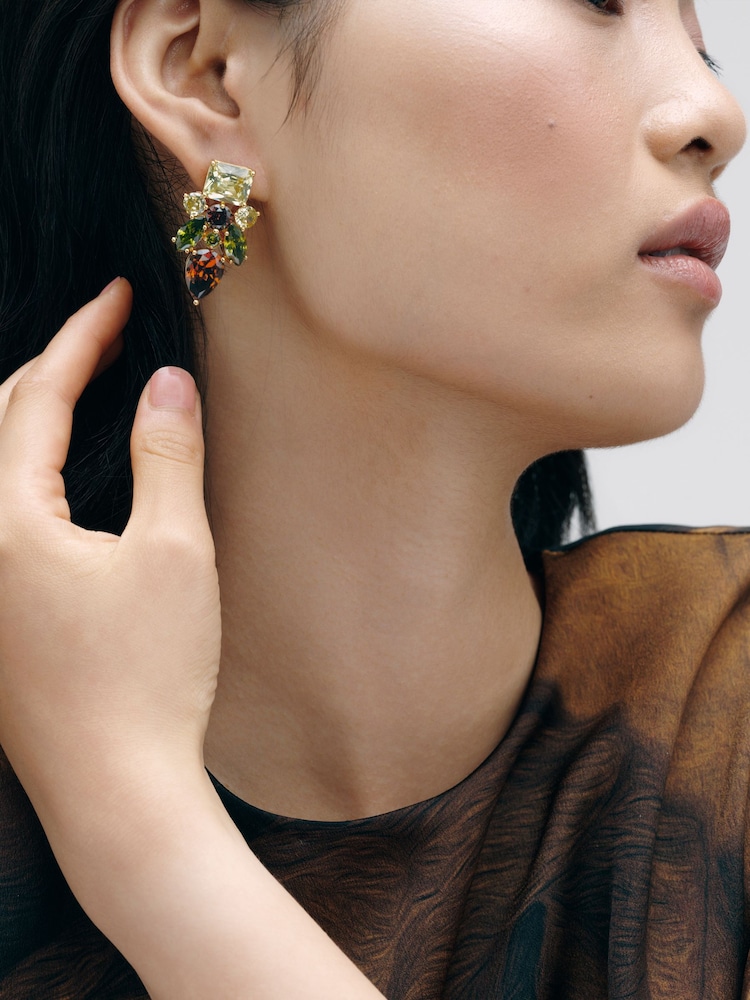 Green And Mocha Gold Tone - CERENE Statement Crystal Drop Earrings - תמונה 1 מתוך 6
