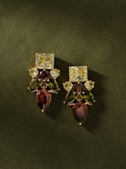 Green And Mocha Gold Tone - CERENE Statement Crystal Drop Earrings - תמונה 3 מתוך 6