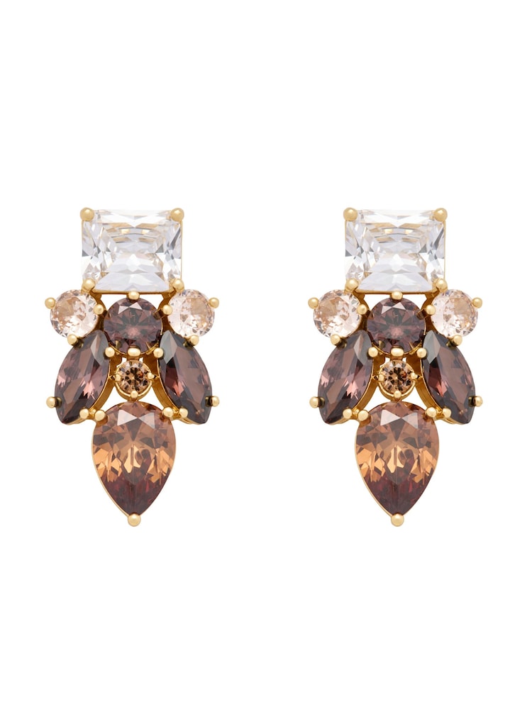 Mocha Brown Gold Tone - CERENE Statement Crystal Drop Earrings - תמונה 2 מתוך 4