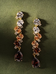 Mocha Brown Gold Tone - CERENE Statement Crystal Drop Earrings - Imaginea 3 din 6