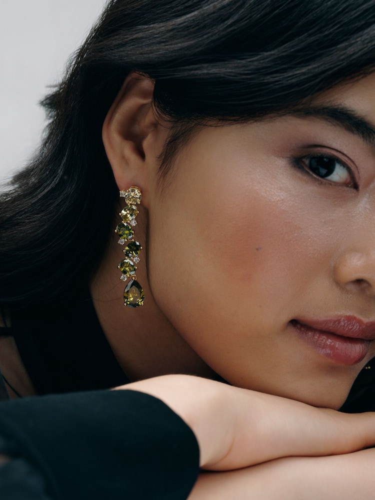 Olive Green Gold Tone - CERENE Statement Crystal Drop Earrings - Imaginea 1 din 6