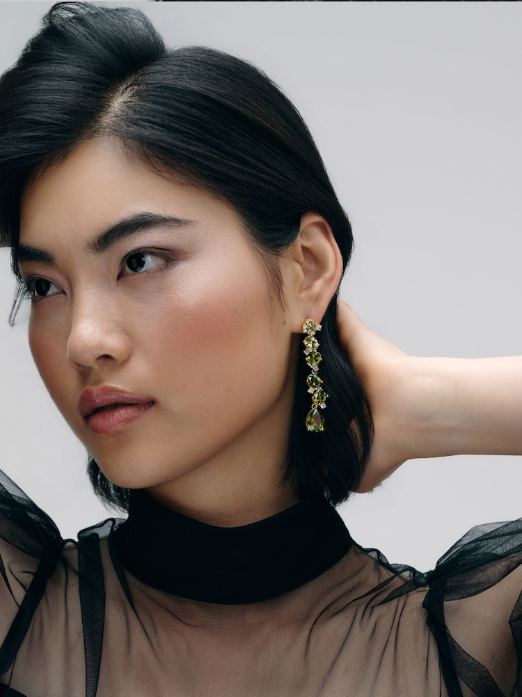 Olive Green Gold Tone - CERENE Statement Crystal Drop Earrings - Imaginea 2 din 6