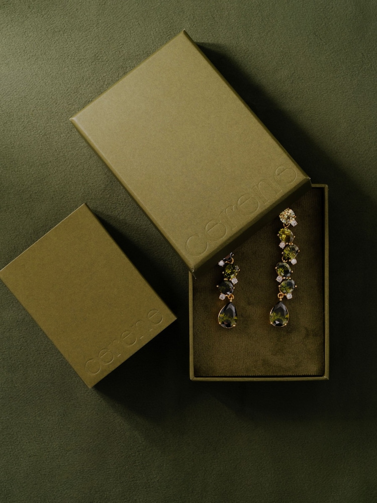 CERENE Lyra Olive Green Gold Tone Statement Crystal Drop Earrings - Image 7 of 7