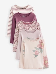 Pink Floral Ribbed Long Sleeve Tops 5 Pack (3mths-7yrs) - Image 1 of 2