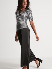 M&Co Petite Black Satin Wide Leg Trousers - Image 3 of 4