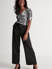 M&Co Petite Black Satin Wide Leg Trousers - Image 4 of 4