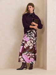 Burgundy Red Butterfly Print Satin Midi Skirt - Image 1 of 7