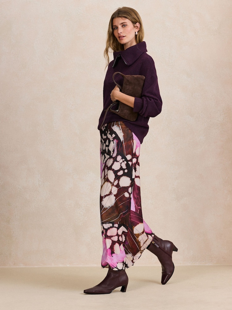 Burgundy Red Butterfly Print Satin Midi Skirt - Image 2 of 7 Burgundy Red Butterfly Print Satin Midi Skirt - Image 2 of 7