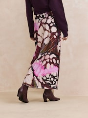 Burgundy Red Butterfly Print Satin Midi Skirt - Image 4 of 7