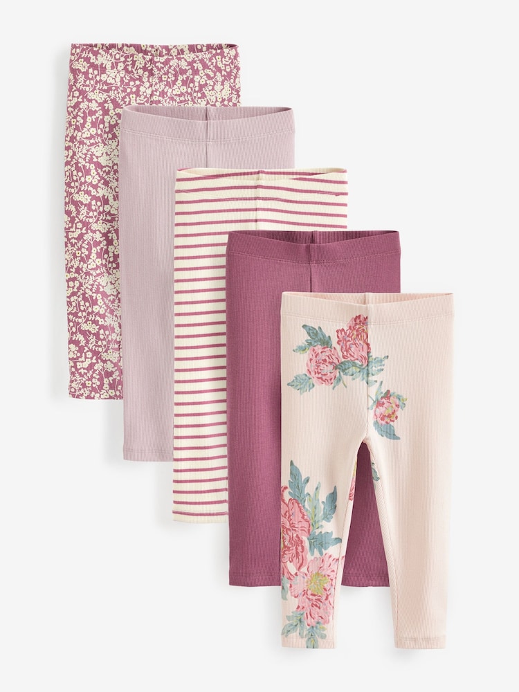 Pink Floral Rib Jersey Leggings 5 Pack (3mths-7yrs) - Image 1 of 2