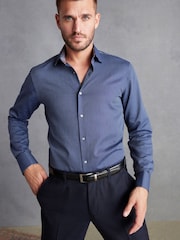 Navy Blue Slim Fit Double Cuff Signature Textured Trimmed Formal Shirt - Image 1 of 9