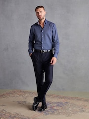 Navy Blue Slim Fit Double Cuff Signature Textured Trimmed Formal Shirt - Image 2 of 9