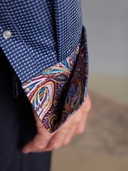 Navy Blue Slim Fit Double Cuff Signature Textured Trimmed Formal Shirt - Image 5 of 9