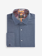 Navy Blue Slim Fit Double Cuff Signature Textured Trimmed Formal Shirt - Image 6 of 9