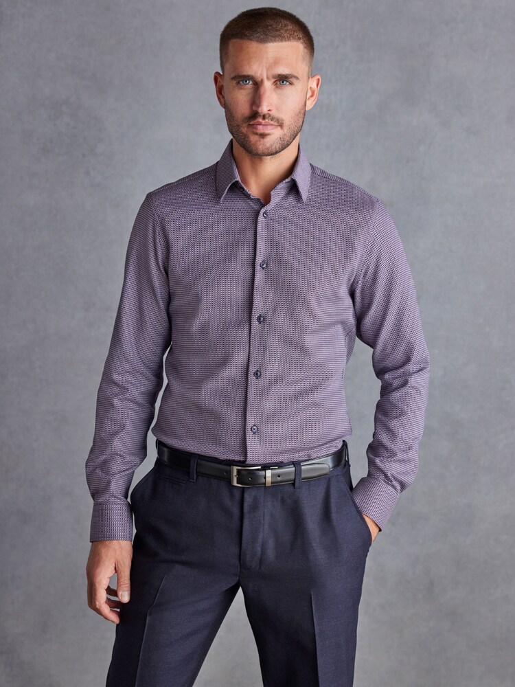 Brown/Navy Blue Regular Fit Single Cuff Signature Textured Trimmed Formal Shirt - Image 1 of 7