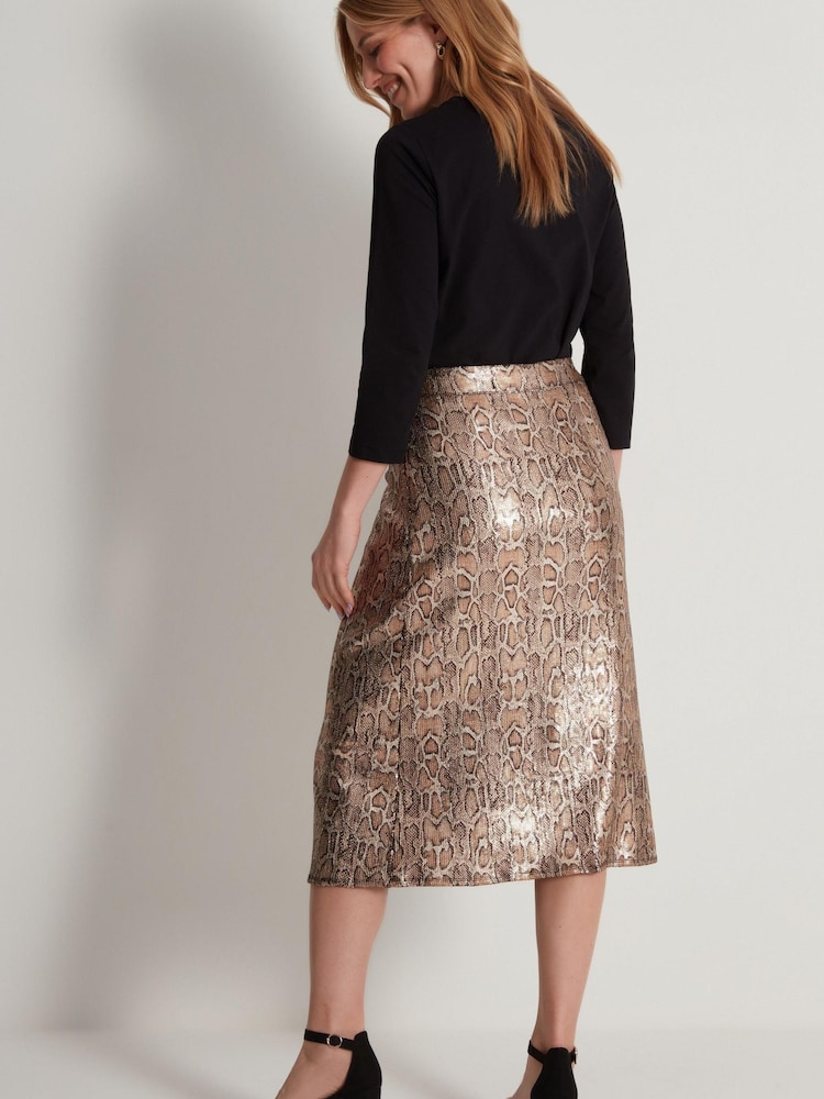 M&Co Brown Sequin Animal Midi Skirt - Image 2 of 5 M&Co Brown Sequin Animal Midi Skirt - Image 2 of 5