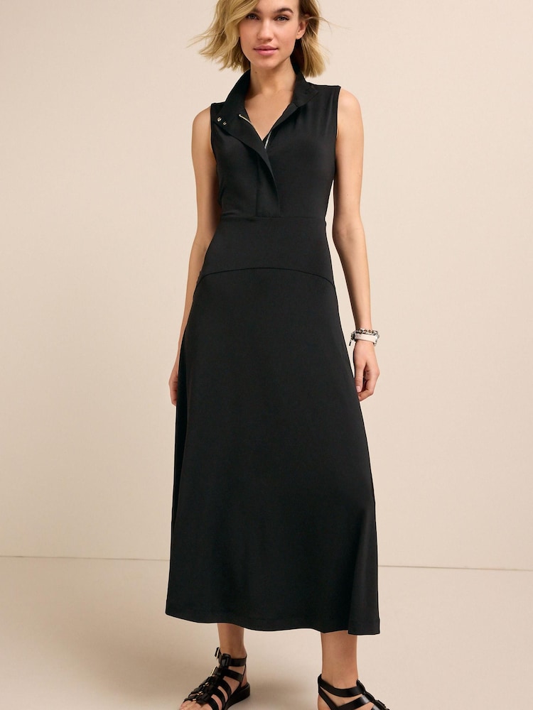 Black High Neck Sleeveless Zip Midi Dress - Image 1 of 5