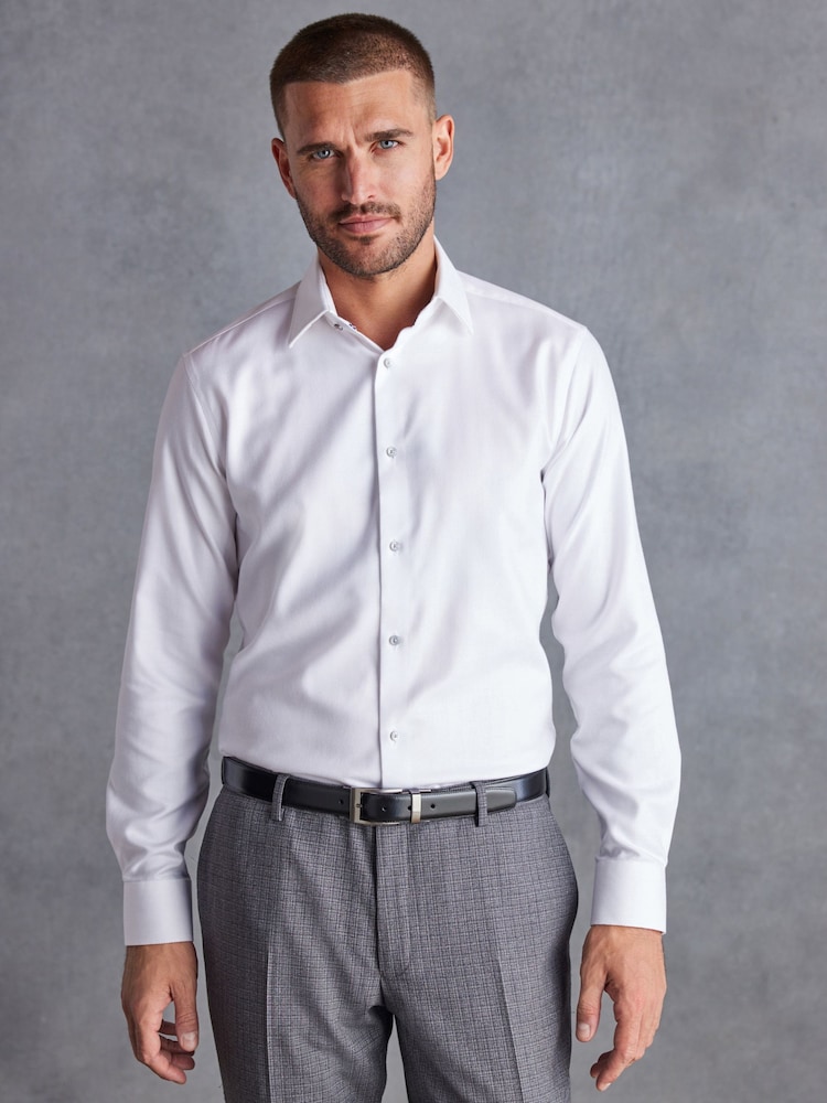 White 100% Cotton Herringbone Signature Trimmed Single Cuff Shirt - Image 1 of 7