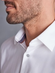 White 100% Cotton Herringbone Signature Trimmed Single Cuff Shirt - Image 4 of 7