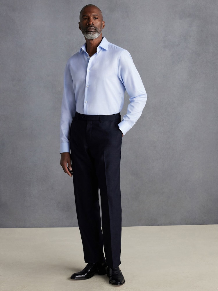 Blue 100% Cotton Herringbone Signature Trimmed Single Cuff Shirt - Image 2 of 10