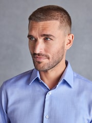Blue 100% Cotton Herringbone Signature Trimmed Single Cuff Shirt - Image 5 of 10