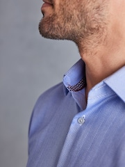 Blue 100% Cotton Herringbone Signature Trimmed Single Cuff Shirt - Image 6 of 10