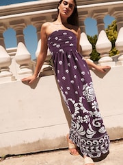 Purple Placement Print 100% Cotton Bandeau Maxi Dress - Image 1 of 5