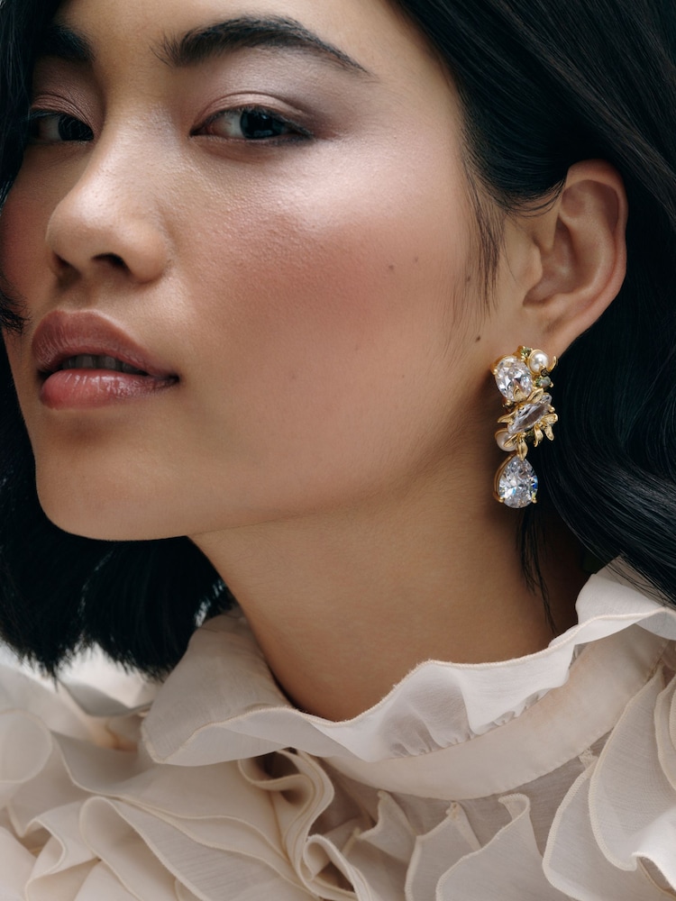 CERENE Alia Olive and Clear Gold Tone Crystal Blossom Drop Earrings - Image 1 of 6