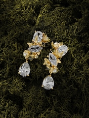 CERENE Alia Olive and Clear Gold Tone Crystal Blossom Drop Earrings - Image 3 of 6