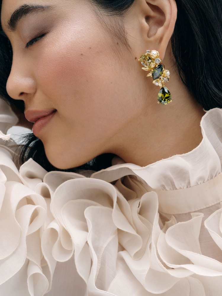 CERENE Alia Olive Green Gold Tone Crystal Blossom Drop Earrings - Image 1 of 6