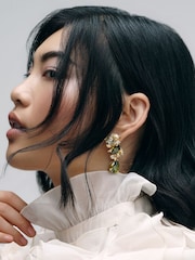 CERENE Alia Olive Green Gold Tone Crystal Blossom Drop Earrings - Image 2 of 6